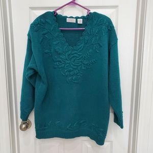 Vintage Honors Apparel Knit Embroidered Green Pull Over Sweater Size L